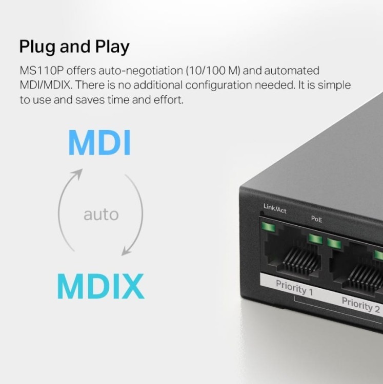 TP-LINK Przełącznik Mercusys 10-Port 10/100Mbps Desktop Switch with 8-Port PoE+     PORT: 8× 10/100 Mbps PoE+ Ports, 2× 10/100 Mbps Non-PoE Ports