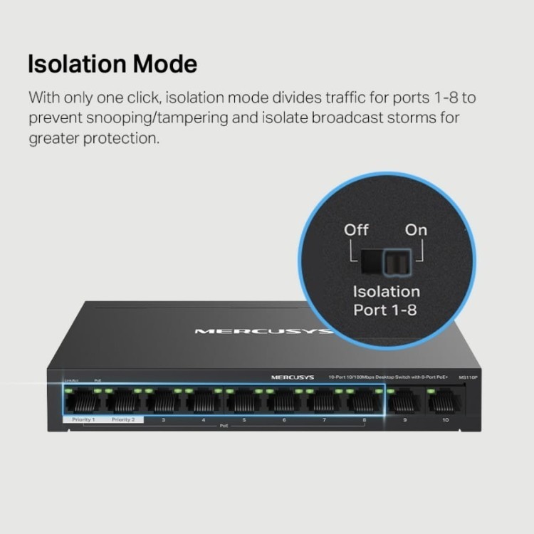 TP-LINK Przełącznik Mercusys 10-Port 10/100Mbps Desktop Switch with 8-Port PoE+     PORT: 8× 10/100 Mbps PoE+ Ports, 2× 10/100 Mbps Non-PoE Ports