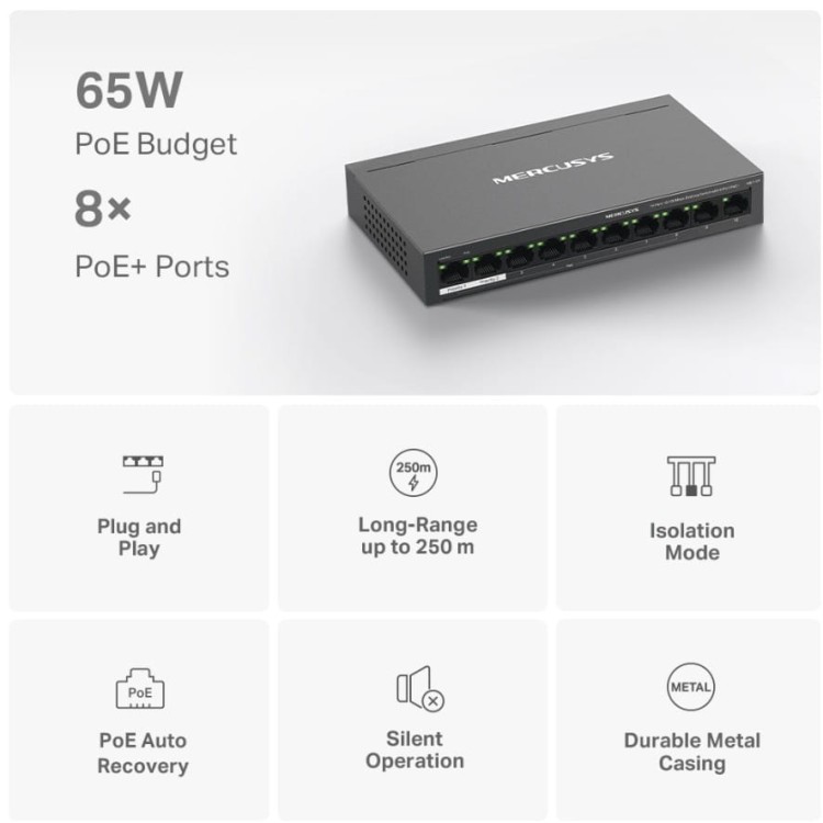 TP-LINK Przełącznik Mercusys 10-Port 10/100Mbps Desktop Switch with 8-Port PoE+     PORT: 8× 10/100 Mbps PoE+ Ports, 2× 10/100 Mbps Non-PoE Ports