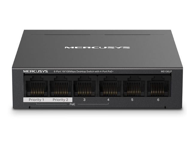 TP-LINK Przełącznik Mercusys 6-Port 10/100 Mbps Desktop Switch with  4-Port PoE+    PORT: 4× 10/100 Mbps PoE+ Ports, 2× 10/100 Mbps Non-PoE Ports