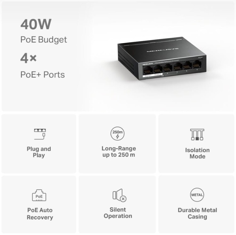 TP-LINK Przełącznik Mercusys 6-Port 10/100 Mbps Desktop Switch with  4-Port PoE+    PORT: 4× 10/100 Mbps PoE+ Ports, 2× 10/100 Mbps Non-PoE Ports