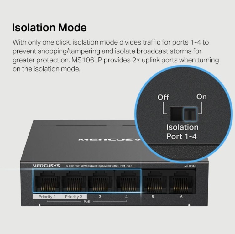 TP-LINK Przełącznik Mercusys 6-Port 10/100 Mbps Desktop Switch with  4-Port PoE+    PORT: 4× 10/100 Mbps PoE+ Ports, 2× 10/100 Mbps Non-PoE Ports