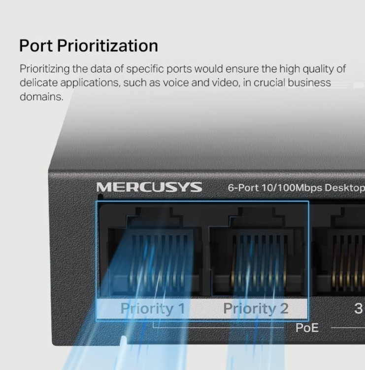 TP-LINK Przełącznik Mercusys 6-Port 10/100 Mbps Desktop Switch with  4-Port PoE+    PORT: 4× 10/100 Mbps PoE+ Ports, 2× 10/100 Mbps Non-PoE Ports