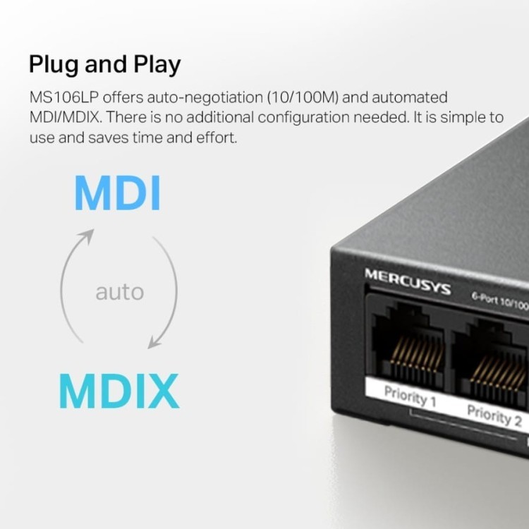 TP-LINK Przełącznik Mercusys 6-Port 10/100 Mbps Desktop Switch with  4-Port PoE+    PORT: 4× 10/100 Mbps PoE+ Ports, 2× 10/100 Mbps Non-PoE Ports