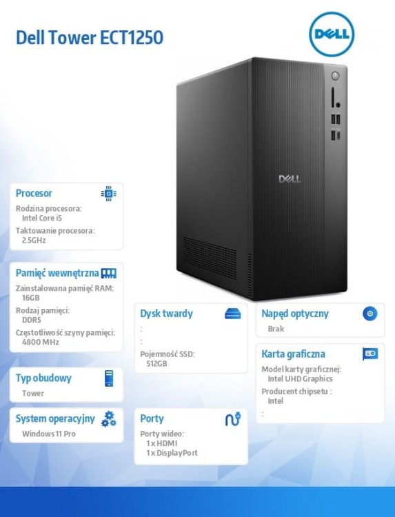 Dell Komputer Dell Tower ECT1250 Win11Pro i5-14400/16GB/512GB SSD/UHD 730/WLAN + BT/Wireless Kb & Mouse/3YPS