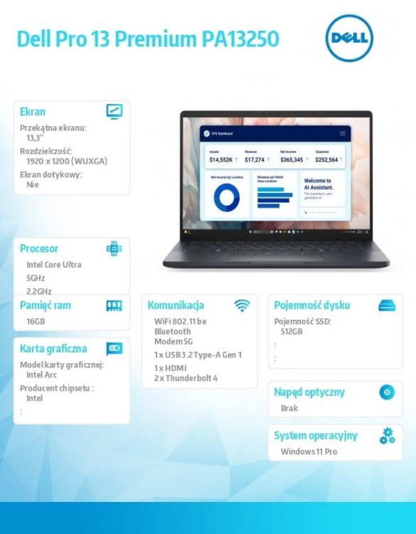 Dell Laptop Dell Pro 13 Premium PA13250 W11P U7-266V/16GB/512GB SSD/13.3 FHD+/Arc/FgrPr/Cams&Mic/5G WWAN+BT/BcklKb/3C/vPro/3YPS Magnesium
