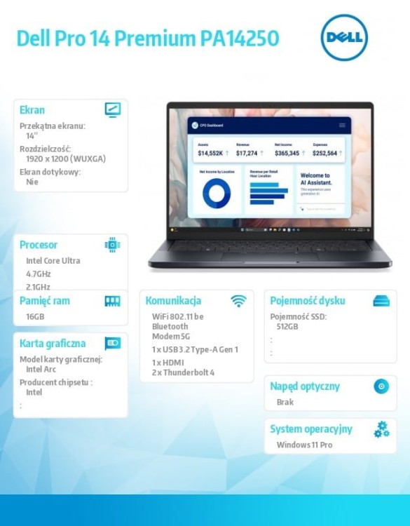 Dell Laptop Dell Pro 14 Premium PA14250 W11P U5-236V/16GB/512GB/14.0 FHD+ 400nit/Arc/FgrPr/Cams&Mic/5G WWAN+BT/BcklKb/3C/vPro/3YPS Magnesium