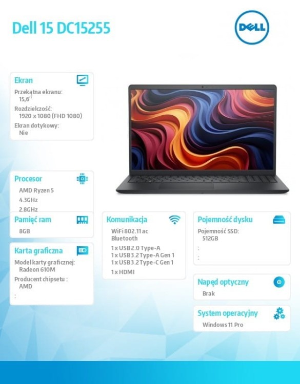 Dell Laptop Dell 15 DC15255 W11P R5-7520U/8GB/512GB SSD/AMD Radeon 610M/WLAN + BT/15.6 FHD/Backlit Kb/3 Cell/65W/3YPS Carbon Black (Plastic)