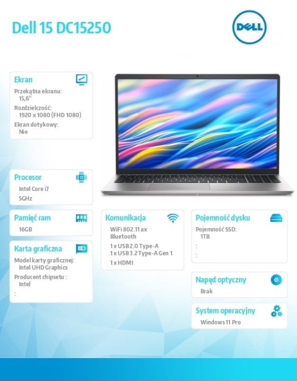 Dell Laptop Dell 15 DC15250 W11P i7-1355U/16GB/1TB SSD/UHD/FgrPr/WLAN + BT/15.6 FHD/Backlit Kb/4 Cell/65W/3YPS Platinum Silver (Aluminum)