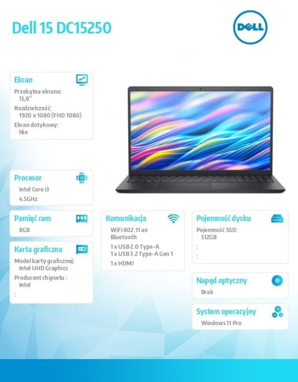 Dell Laptop Dell 15 DC15250 W11P i3-1305U/8GB/512GB SSD/UHD/WLAN + BT/15.6 FHD/Backlit Kb/3 Cell/65W/3YPS Carbon Black (Plastic)