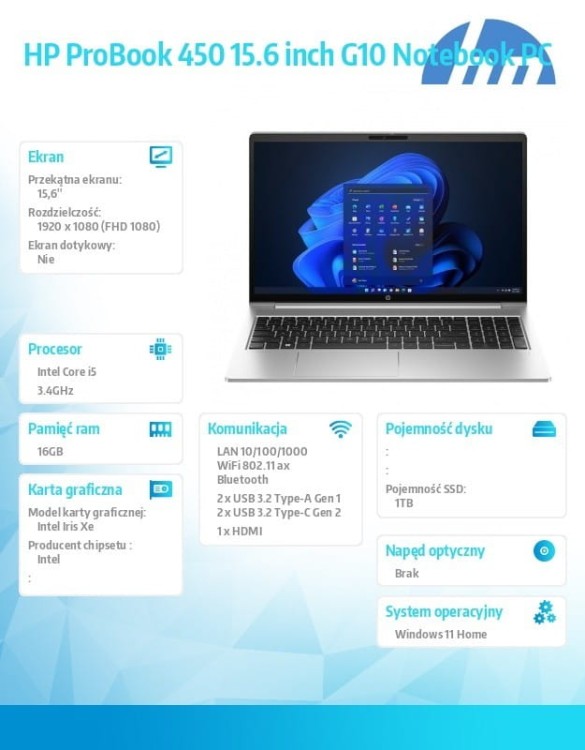 HP Inc. Notebook 450 G10 i5-1334U 1TB/16GB/W11H/15,6 cali AD1G6ET