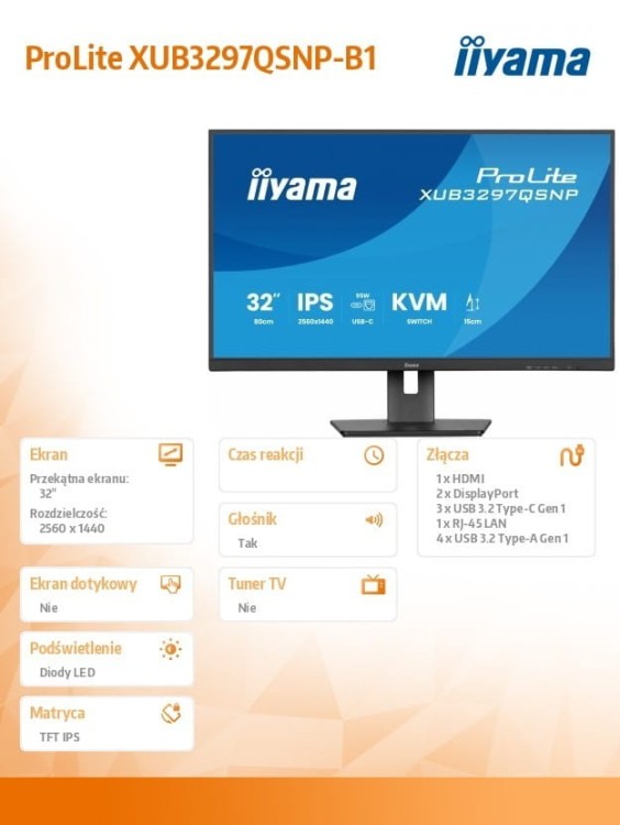 IIYAMA Monitor 32 cale XUB3297QSNP-B1 IPS,QHD,USB-C DOCK (95W), USB HUB 4x, KVM,  RJ45, GW 5 LAT