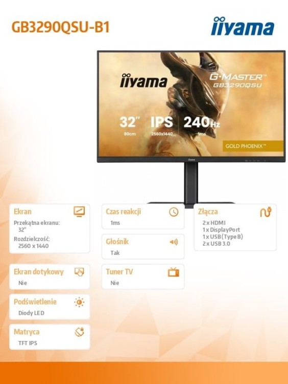 IIYAMA Monitor 32 cale GB3290QSU-B1 1ms,IPS,240Hz,2xHDMI,DP,400cd,1000:1,   USB HUBx4, 2x2W, HAS,
