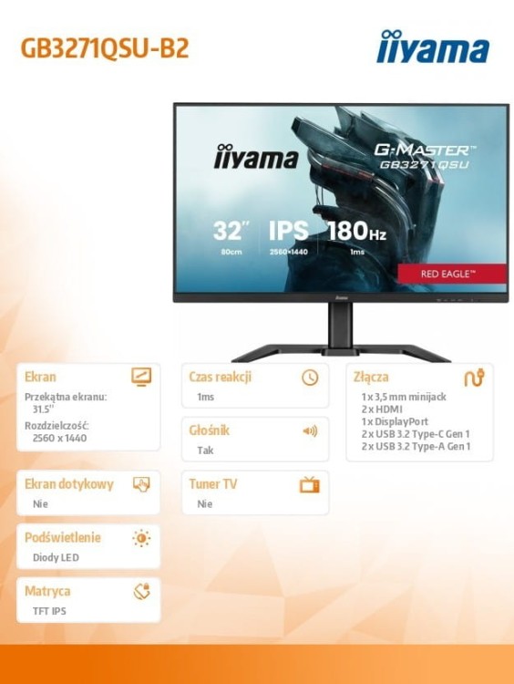 IIYAMA Monitor 31.5 cala  GB3271QSU-B2 1ms,IPS,180Hz,2x HDMI,DP,400cd,FreeSync QHD,2x USB(3.2),2x USB-C,2x 4.5W,HAS-150mm