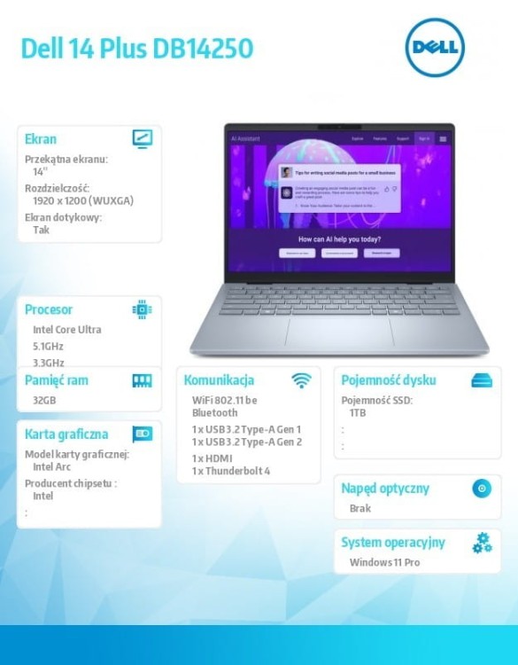 Dell Laptop 14 Plus DB14250 Win11Home Ultra 9 288V/32GB/1TB/ 14 FHD+ Touch/Arc/ FgrPr /WLAN + BT/Backlit Kb/4 Cell/ 2Y Basic