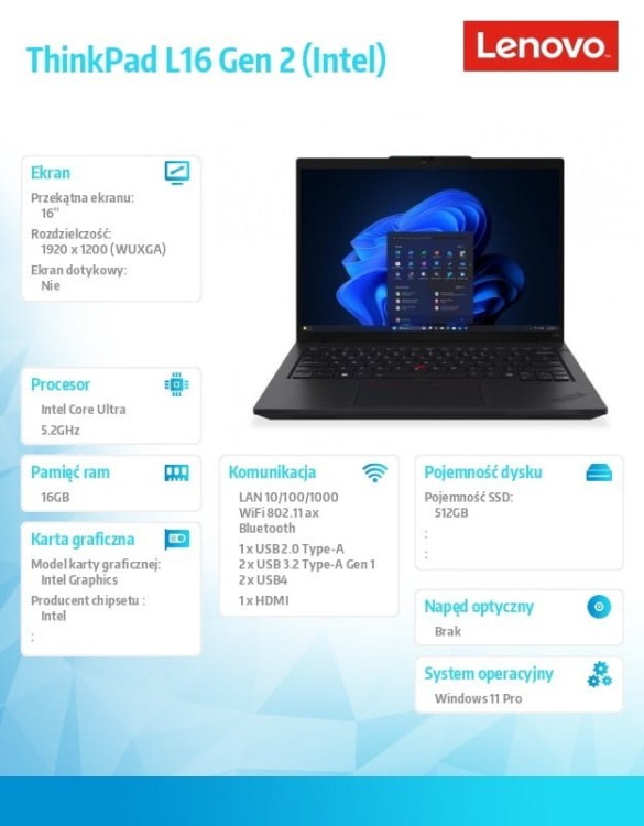 Lenovo Laptop ThinkPad L16 G2 21SA003DPB W11Pro Ultra 7 255U/16GB/512GB/INT/16.0 WUXGA/Black/1YR Premier Support + 3YRS OS + CO2 Offset
