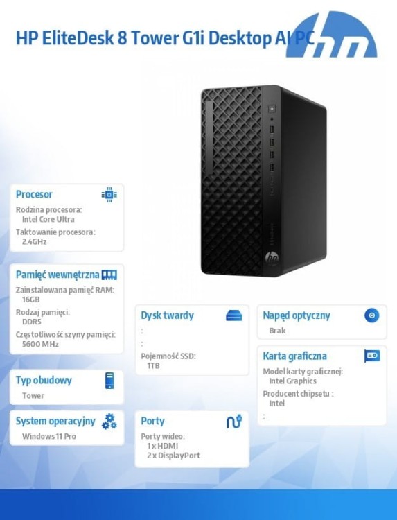 HP Inc. Komputer EliteDesk 8 Tower G1i U7-265 1TB/16GB/W11P      A55S0ET