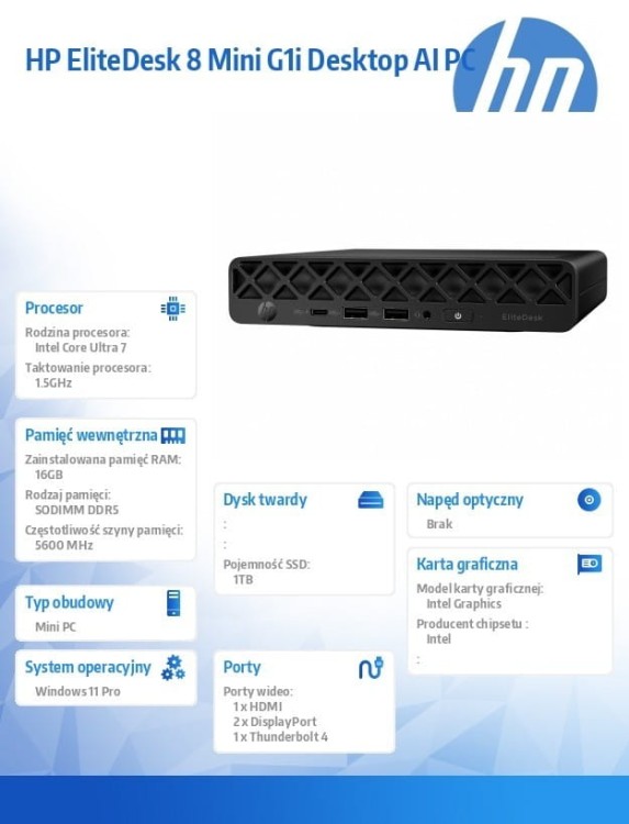 HP Inc. Komputer EliteDesk 8 Mini G1i U7-265T 1TB/16GB/W11P  998Z2ET