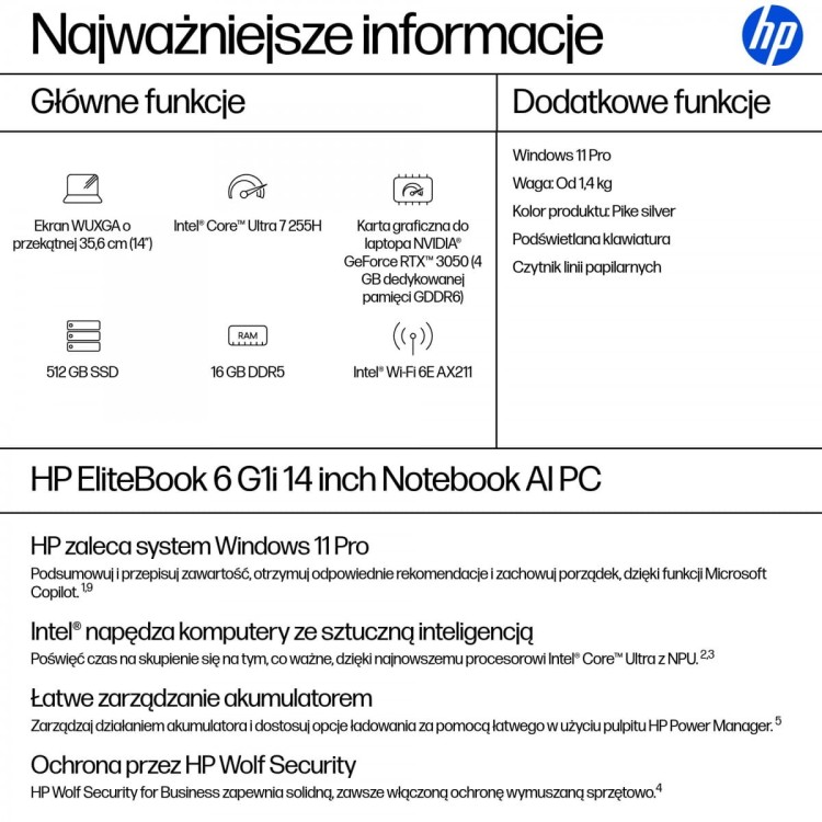 HP EliteBook 6 G1i 14 WUXGA  W+LBL UWVA 400 5MP IR 60Hz U7 255H 14 16GB 512GB Win11P 3/3/3