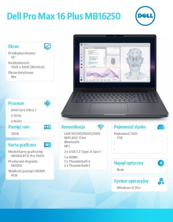 Dell Stacja robocza Dell Pro Max 16 Plus MB16250 W11P U7-265HX|32GB|1TB|Nvidia RTX PRO 1000|FgrPr & SmtCd |Cam|WLAN + BT|16.0 FHD|Backlit Kb|6C|vPro|3