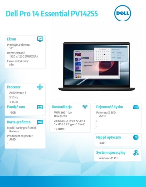 Dell Laptop Dell Pro 14 Essential PV14255 W11P Ryzen 7 250|16GB|512GB|AMD Radeon|FgrPr|WLAN+BT|14.0 FHD+|BcklKb|4C|65W|3YPS Carbon Black (Plastic)