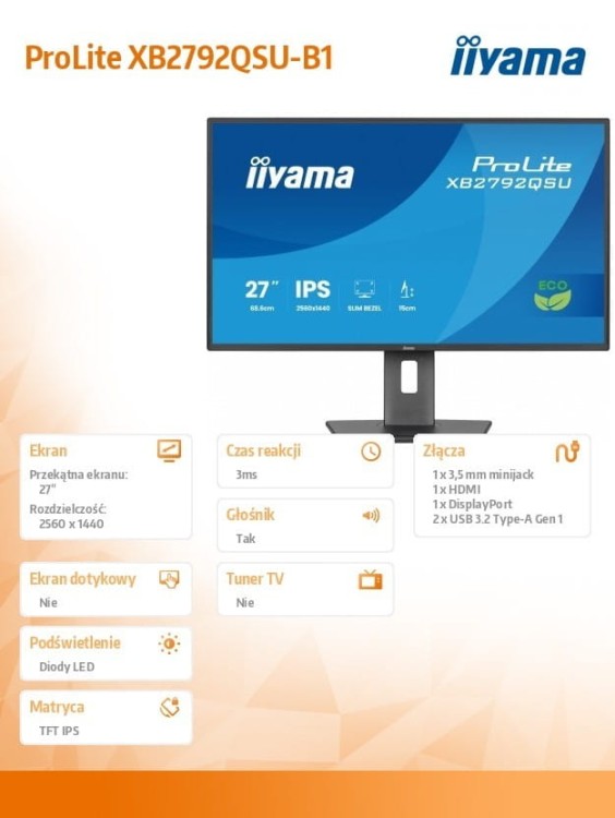IIYAMA Monitor 27 cali XB2792QSU-B1   IPS,QHD, HAS (150) PIVOT,              120Hz,HDMI,DP, 350cd,1500:1, cienkie ramki, 2xUSB 3.2, ErP B
