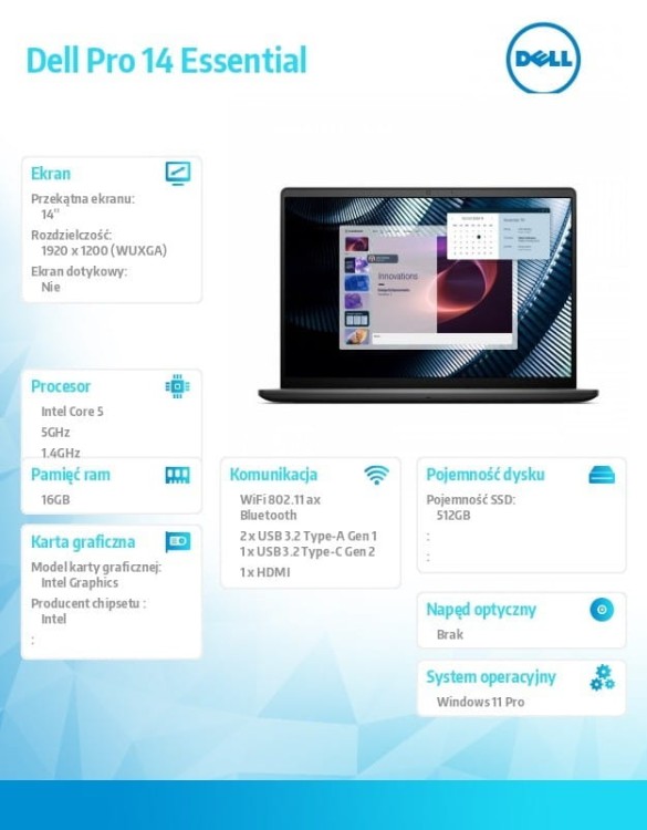 Dell Laptop Dell Pro 14 Essential PV14250 W11P C5-120U|16GB|512GB|Intel Graph|FgrPr|WLAN+BT|14.0 FHD+|BcklKb|4C|65W|3YPS Carbon Black (Plastic)