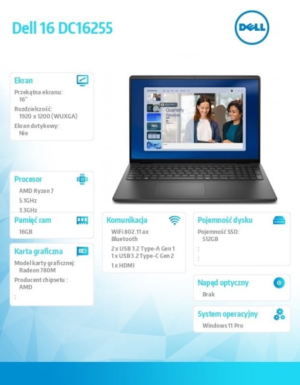 Dell Laptop Dell 16 DC16255 W11P Ryzen 7 250|16GB|512GB|AMD Radeon|FgrPr|WLAN+BT|16.0 FHD+|Backlit Kb|3C|65W|3YPS Carbon Black (Plastic)