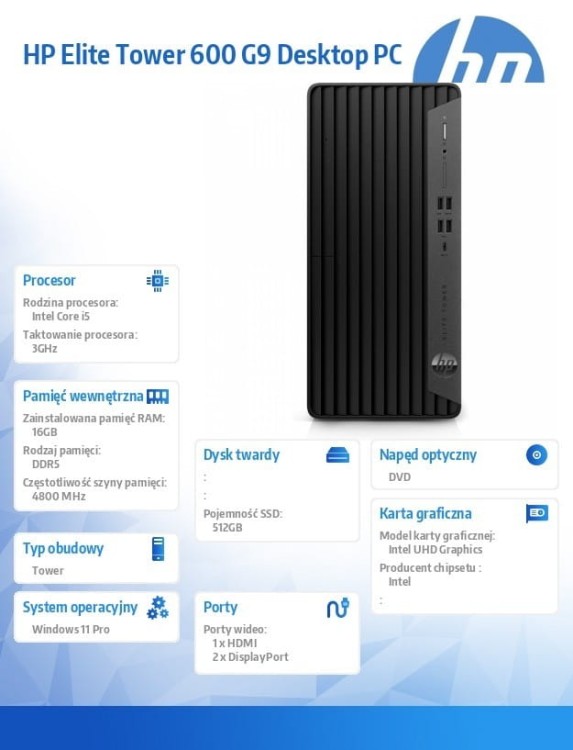 HP Inc. Komputer 600 G9 TWR i5-12500 512GB/16GB/W11P 6U4Q5EA