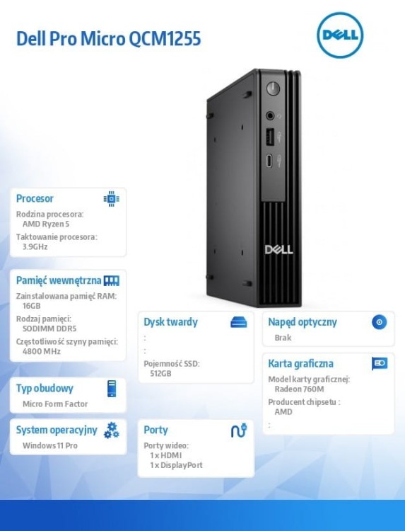 Dell Komputer Dell Pro Micro QCM1255 W11Pro Ryzen 5 Pro 8600GE/1x16GB/512GB/Integrated/WLAN + BT/Kb/65W/TPM/3YPS