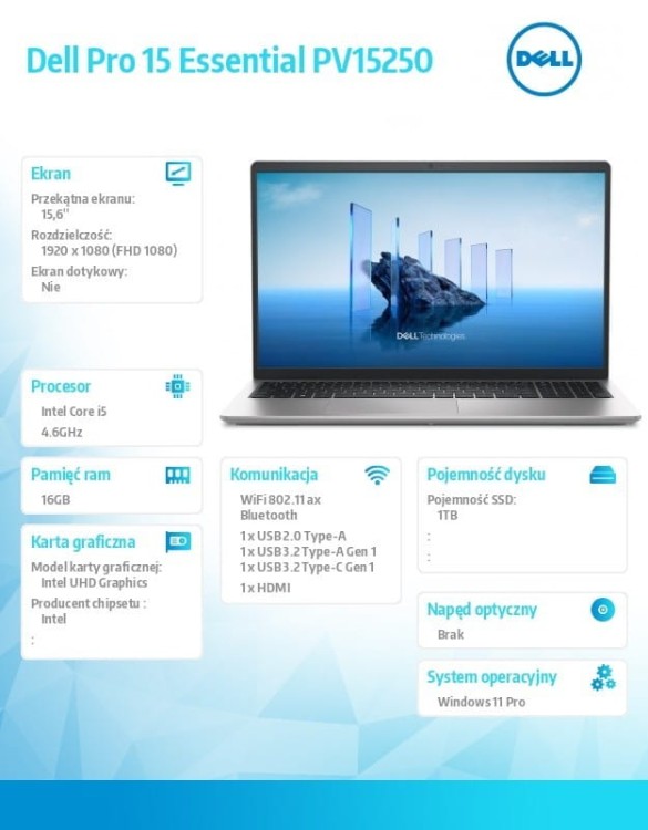 Dell Laptop Dell Pro 15 Essential PV15250 W11P i5-1334U|16GB|1TB|IntelUHD|FgrPr|WLAN+BT|15.6 FHD|BcklKb|3C|65W|3YPS Platinum Silver (Aluminum)