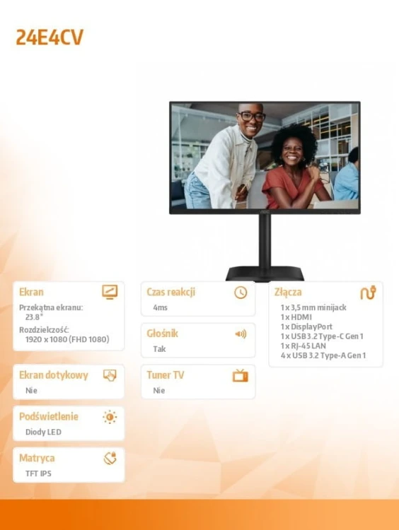 AOC Monitor 24E4CV 23.8 cala IPS 120Hz HDMI DP USB-C RJ45 Pivot Głośniki