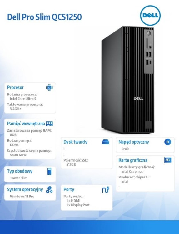 Dell Komputer Dell Pro Slim QCS1250 W11Pro U5 235/8GB/512GB SSD/Integrated/Kb/TPM/3YPS