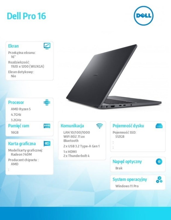 Dell Laptop Dell Pro 16 PC16255 W11P Ryzen 5 PRO 215/16GB/512GB CL25/FgPr/FHD IR Cam&Mic/WLAN+BT/16.0FHD+/BcklKb/3C/65W/3YPS Magnetite color, textured