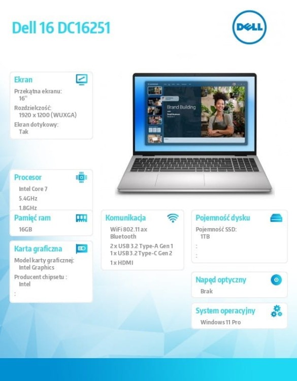 Dell Laptop Dell 16 DC16251 W11P C7-150U|16GB|1TB|Intel Graphics|FgrPr.|WLAN + BT|16.0 16.10 2K Touch|BcklKb|4C|65W|3YPS Platinum Silver