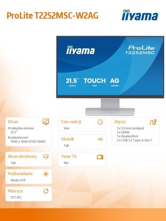 IIYAMA Monitor 22 cale T2252MSC-W2AG 10 PKT. POJ,IPS,HDMI,DP,2x1W,7H,2xUSB,  AG-(Anti Glare)