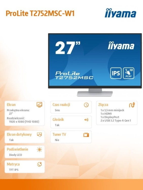 IIYAMA Monitor 27 cali T2752MSC-W1AG 10 PKT. POJ,IPS,HDMI,DP,2x1W,7H,2xUSB,  400cd/m2,AG-(Anti Glare)