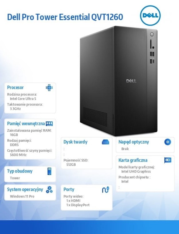 Dell Komputer Dell Pro Tower Essential QVT1260 Win11Pro U5 225/16GB/512GB SSD/Intel UHD/WLAN+BT/Kb/Mouse/3YPS