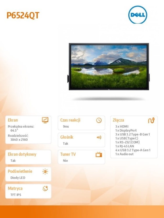 Dell Monitor 64.5 cala P6524QT Touch IPS LED UHD 4K(3840x2160)/16:9/DP/HDMI/USB-C/RS232/USB/RJ45/Głośniki/3Y