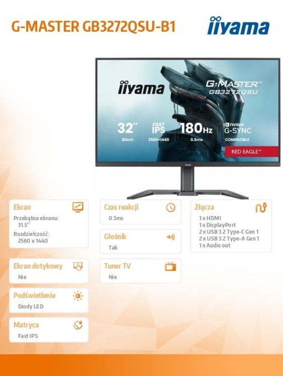 IIYAMA Monitor G-MASTER GB3261UHSCP-B1 4K,VA,144Hz,400cd, 3000:1,2xHDMI,DP,  USB-C,  4xUSB, KVM, FreeSync Premium, DisplayPort Only, 2x5W,HAS 150