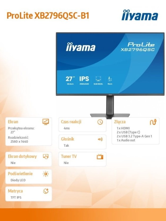 IIYAMA Monitor ProLite 27 cali XB2796QSC-B1 IPS,QHD,HDMI,USB-C (PD 65W),75Hz, 350cd, 1xUSB 3.2 , 1xUSB-C, 2x2W, HAS 150/PIVOT/obrót stopy 360st