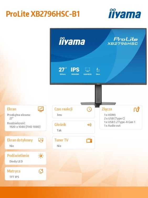 IIYAMA Monitor 27 cali XB2796HSC-B1   IPS,FHD,HDMI,USB-C (PD 65W),144Hz,    1xUSB 3.2 , 1xUSB-C, 2x2W, HAS 150/PIVOT/obrót stopy 360st