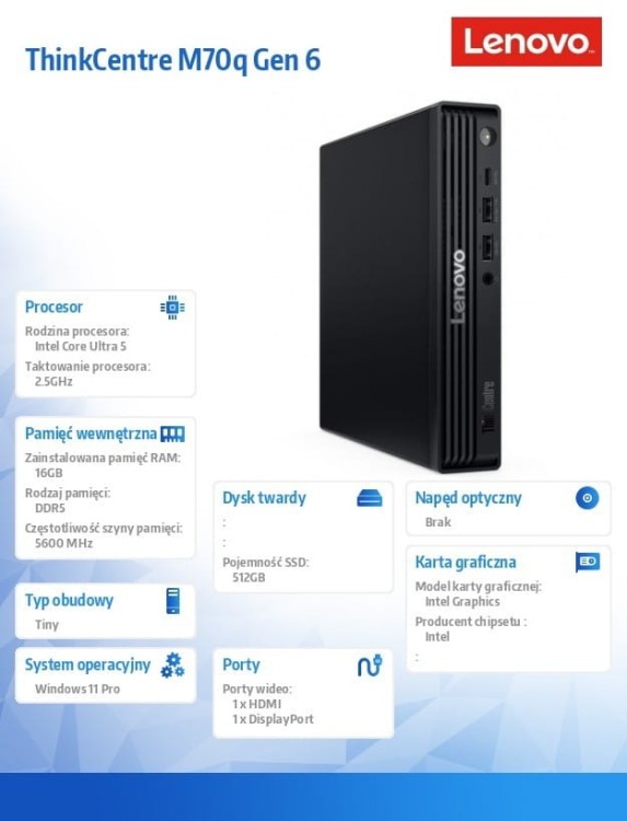 Lenovo Komputer ThinkCentre M70q Tiny G6 13A4000QPB W11Pro Ultra 5 225T/16GB/512GB/INT/Black/3YRS OS + 1YR Premier