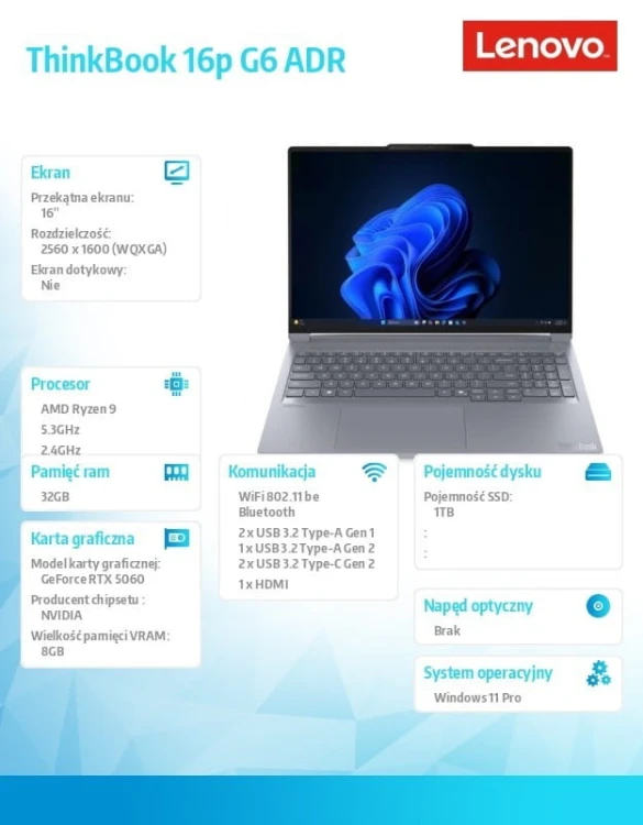 Lenovo Laptop ThinkBook 16p G6 21U00010PB W11Pro 8940HX/32GB/1TB/RTXA5060 8GB/16.0 WQXGA/Luna Grey/3YRS OS