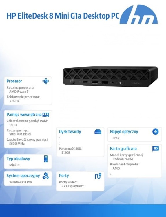 HP Inc. Komputer EliteDesk Mini G1a R5P-215 512GB/16GB/W11P      C9TQ6ET