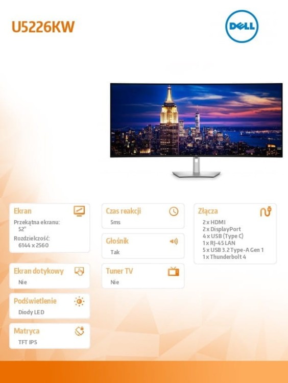 Dell Monitor U5226KW 51.5 cala IPS Black Curved 6K 120Hz (6144×2560) / 21:9 / 2xDP / 2xHDMI /Thunderbolt 4 /4x USB-C/5xUSB/3Y
