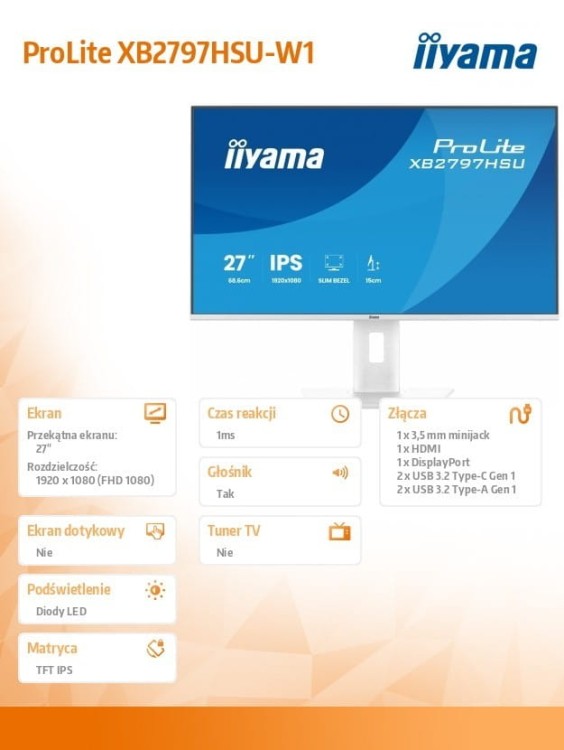 IIYAMA Monitor 27 cali XB2797HSU-W1 IPS, FHD, HDMI, DP, 120Hz, 2xUSBv3.2, 2xUSB-C, 350 CD, x2W, HAS 150/PIVOT, Biały