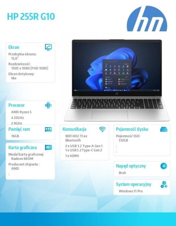 HP Inc. Notebook 255R G10 R5-7535U 512GB/16GB/DOS/15.6  AD1U9ET