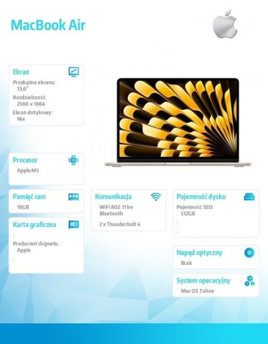Apple MacBook Air 13.6 cala: M5 10/8, 16GB, 512GB SSD, bez zasilacza - Księżycowa poświata