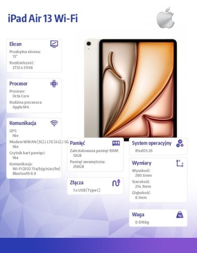 Apple iPad Air 13 Wi-Fi 256GB Księżycowa poświata